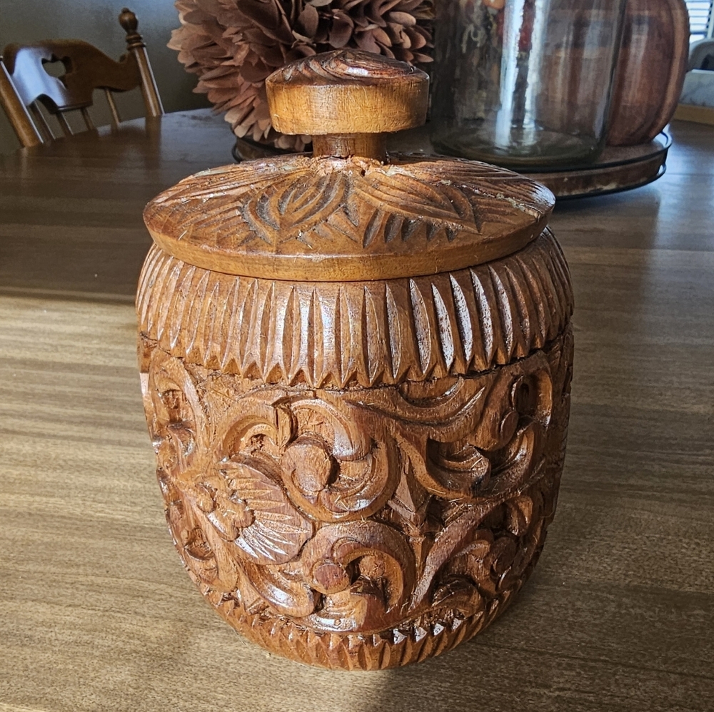 Vintage Carved Wood Coster Jar With Lid